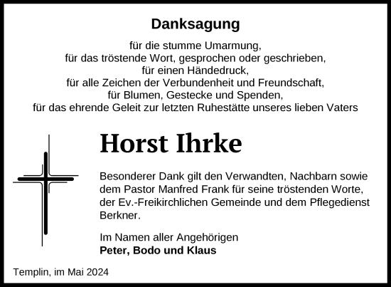 Traueranzeige von Horst Ihrke von Uckermark Kurier Templiner Zeitung
