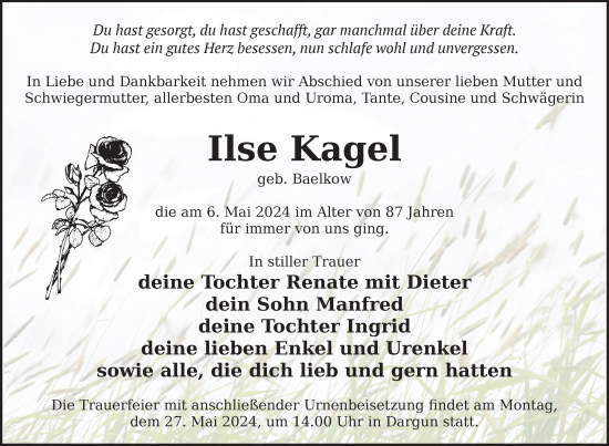 Traueranzeige von Ilse Kagel von Nordkurier Mecklenburger Schweiz