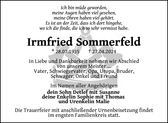 Traueranzeige von Irmfried Sommerfeld von Uckermark Kurier Templiner Zeitung
