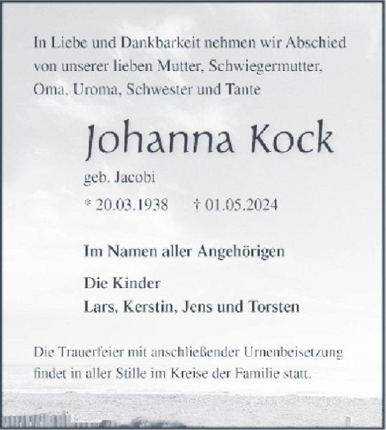 Traueranzeige von Johanna Kock von Nordkurier Mecklenburger Schweiz