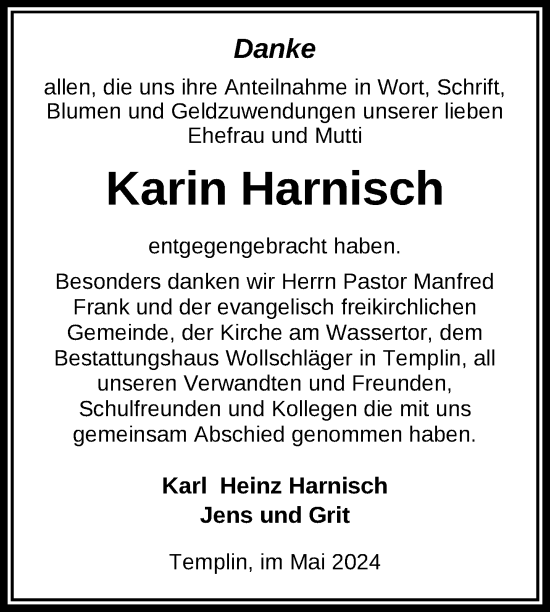Traueranzeige von Karin Harnisch von Uckermark Kurier Templiner Zeitung