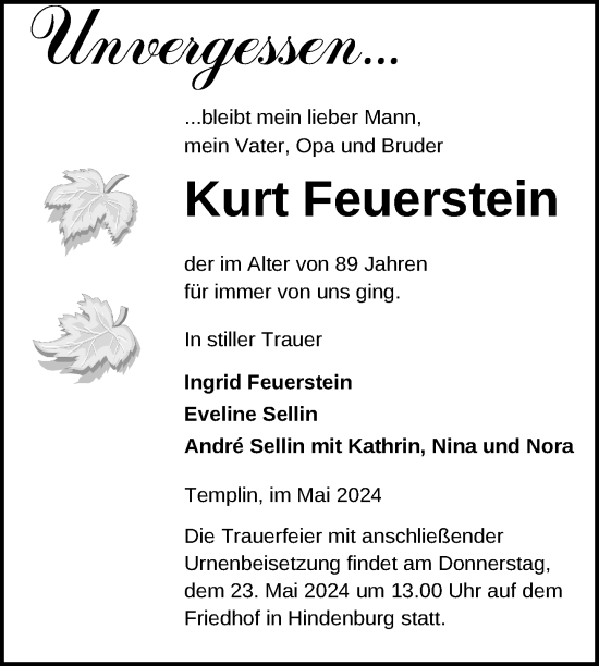Traueranzeige von Kurt Feuerstein von Uckermark Kurier Templiner Zeitung