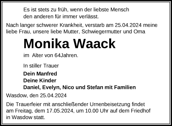 Traueranzeige von Monika Waack von Nordkurier Mecklenburger Schweiz