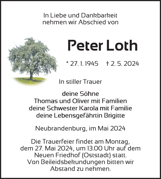 Traueranzeige von Peter Loth von Nordkurier Neubrandenburger Zeitung