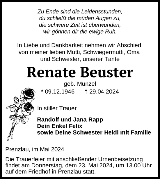 Traueranzeige von Renate Beuster von Uckermark Kurier Prenzlauer Zeitung