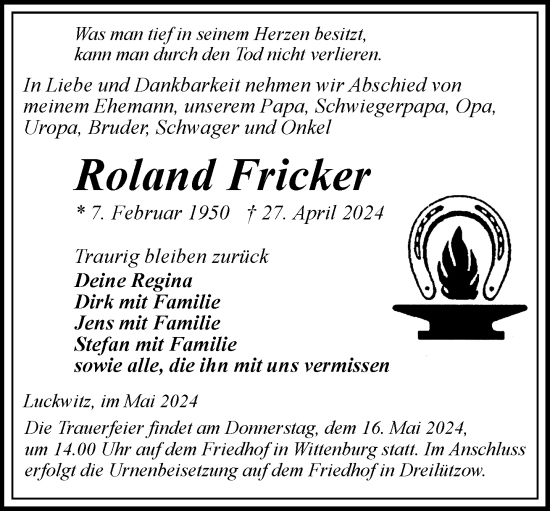 Traueranzeige von Roland Fricker 