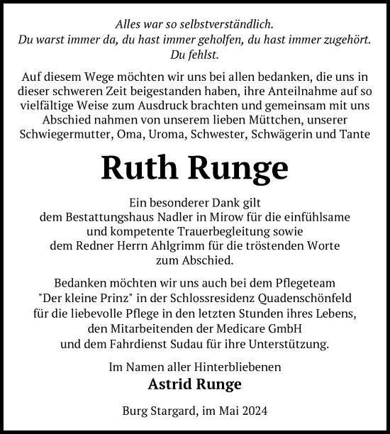 Traueranzeige von Ruth Runge von Nordkurier Neubrandenburger Zeitung