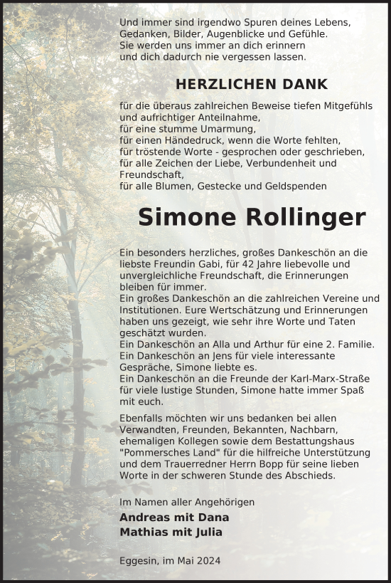 Traueranzeige von Simone Rollinger von Nordkurier Haff-Zeitung