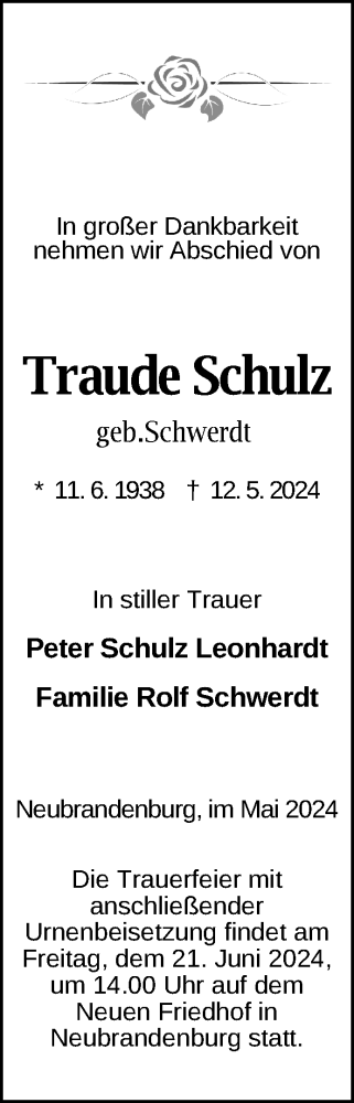 Traueranzeige von Traude Schulz von Nordkurier Neubrandenburger Zeitung