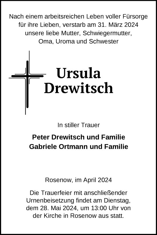 Traueranzeige von Ursula Drewitsch von Nordkurier Neubrandenburger Zeitung