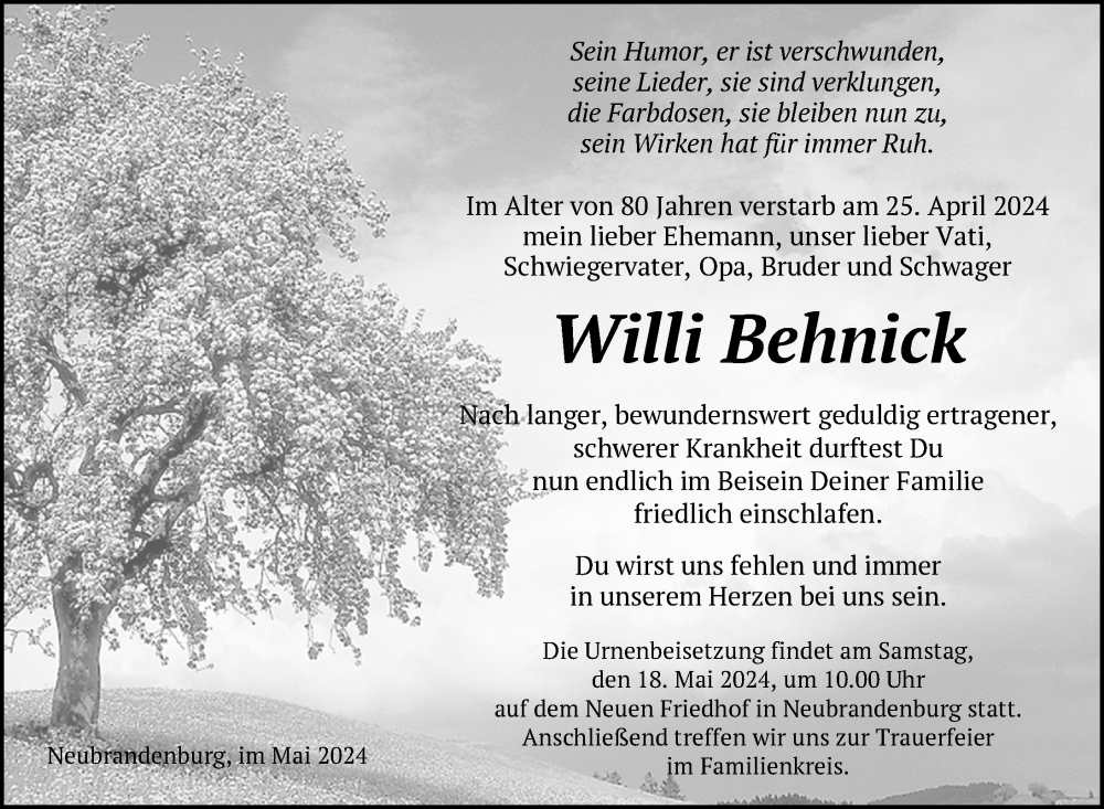  Traueranzeige für Willi Behnick vom 04.05.2024 aus Nordkurier Neubrandenburger Zeitung