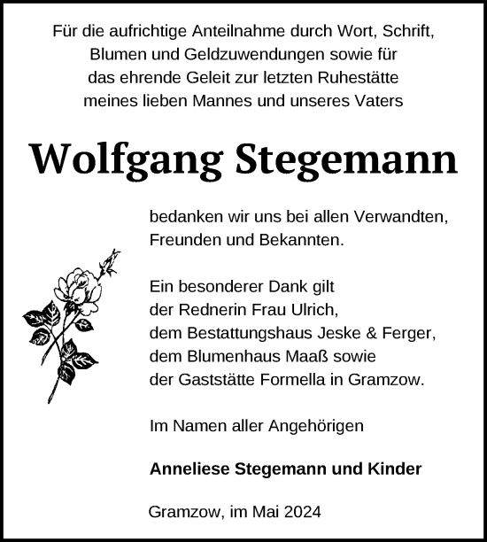 Traueranzeige von Wolfgang Stegemann von Uckermark Kurier Prenzlauer Zeitung