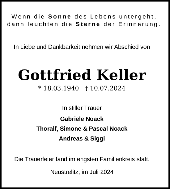 Traueranzeigen Von Gottfried Keller Trauer Nordkurier