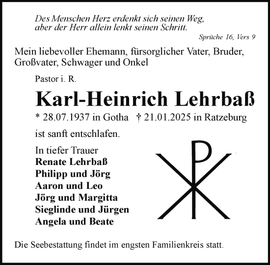 Traueranzeigen Von Karl Heinrich Lehrba Trauer Nordkurier