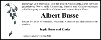 Traueranzeige von Albert Busse von Hagenower Kreisblatt