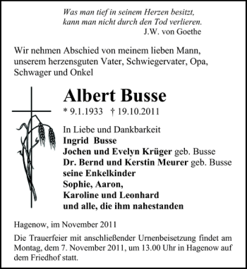 Traueranzeige von Albert Busse von Hagenower Kreisblatt