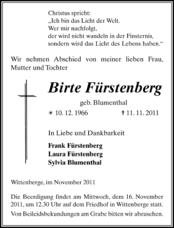 Traueranzeige von Birte Fürstenberg von Der Prignitzer