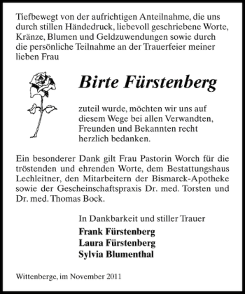 Traueranzeige von Birte Fürstenberg von Der Prignitzer