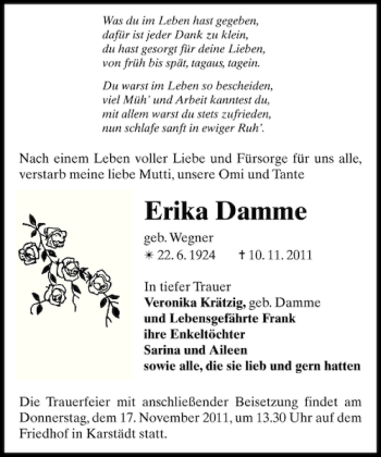 Traueranzeige von Erika Damme von Der Prignitzer