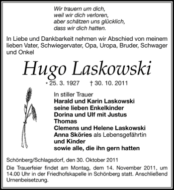 Traueranzeige von Hugo Laskowski von Gadebusch-Rehnaer Zeitung