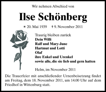 Traueranzeige von Ilse Schönberg von Hagenower Kreisblatt