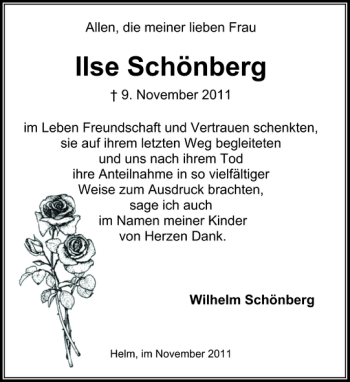 Traueranzeige von Ilse Schönberg von Hagenower Kreisblatt