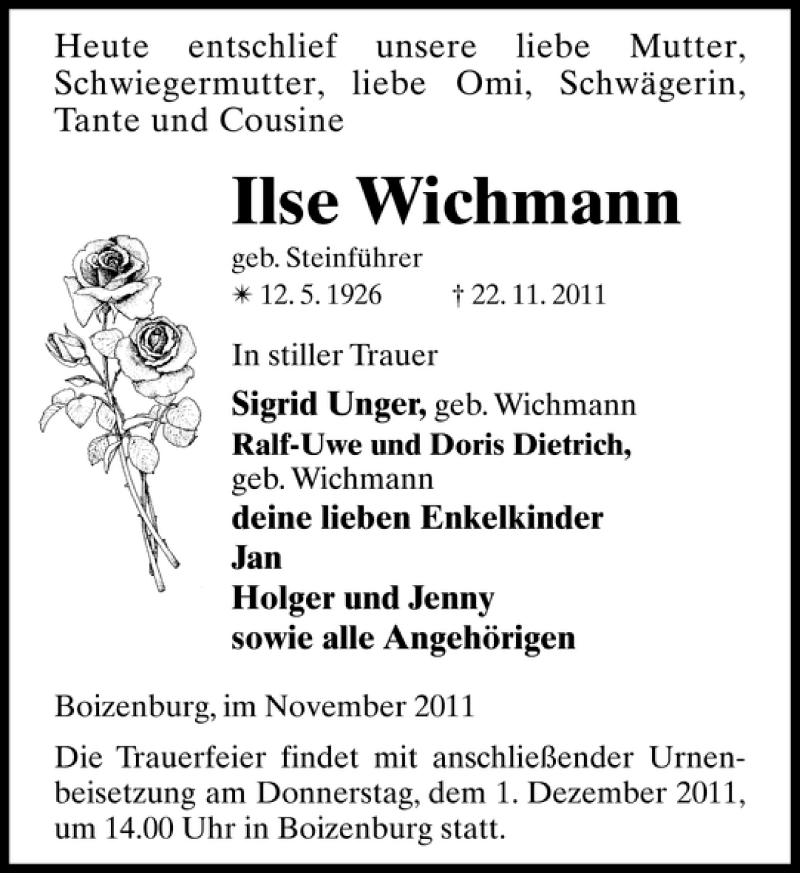  Traueranzeige für Ilse Wichmann vom 26.11.2011 aus Hagenower Kreisblatt