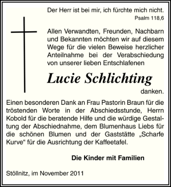 Traueranzeige von Lucie Schlichting von Gadebusch-Rehnaer Zeitung