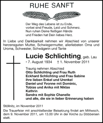 Traueranzeige von Lucie Schlichting von Gadebusch-Rehnaer Zeitung