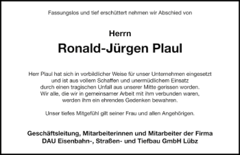 Traueranzeige von Ronald Jürgen Plaul von Parchimer Zeitung