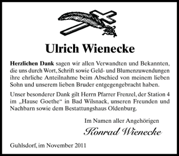 Traueranzeige von Ulrich Wienecke von Der Prignitzer