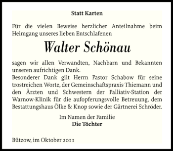 Traueranzeige von Walter Schönau von Bützower Zeitung