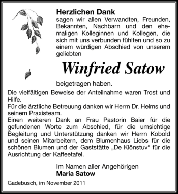 Traueranzeige von Winfried Satow von Gadebusch-Rehnaer Zeitung