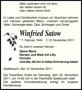 Traueranzeige von Winfried Satow von Gadebusch-Rehnaer Zeitung