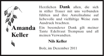 Traueranzeige von Amanda Keller von Anzeiger für Sternberg - Brüel - Warin