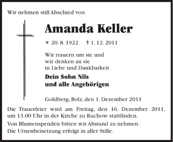 Traueranzeige von Amanda Keller von Anzeiger für Sternberg - Brüel - Warin