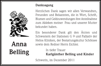 Traueranzeige von Anna Belling von Zeitung für die Landeshauptstadt