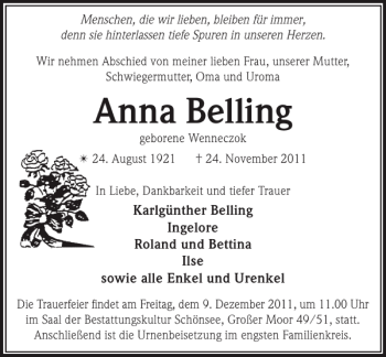 Traueranzeige von Anna Belling von Zeitung für die Landeshauptstadt