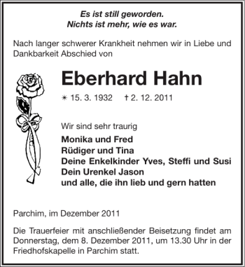 Traueranzeige von Eberhard Hahn von Parchimer Zeitung