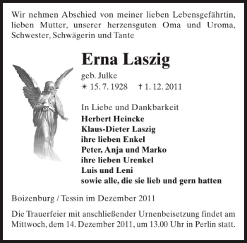 Traueranzeige von Erna Laszig von Hagenower Kreisblatt