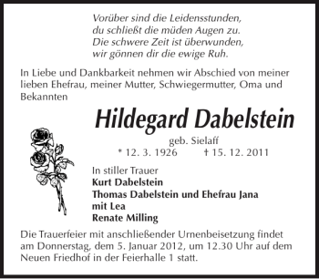 Traueranzeige von Hildegard Dabelstein von Norddeutsche Neueste Nachrichten