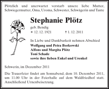 Traueranzeige von Stephanie Plötz von Zeitung für die Landeshauptstadt