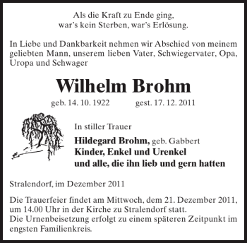 Traueranzeige von Wilhelm Brohm von Zeitung für die Landeshauptstadt