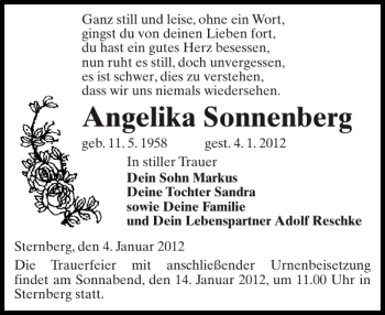 Traueranzeige von Angelika Sonnenberg von Anzeiger für Sternberg - Brüel - Warin