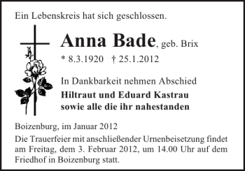 Traueranzeige von Anna Bade von Hagenower Kreisblatt