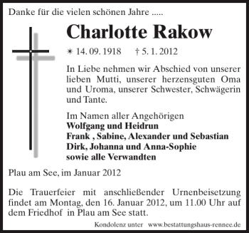 Traueranzeige von Charlotte Rakow von Zeitung für Lübz - Goldberg - Plau