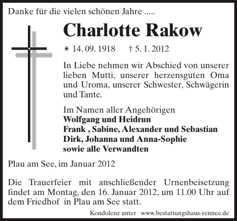  Traueranzeige für Charlotte Rakow vom 10.01.2012 aus Zeitung für Lübz - Goldberg - Plau