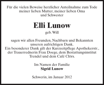 Traueranzeige von Elli Lunow von Zeitung für die Landeshauptstadt