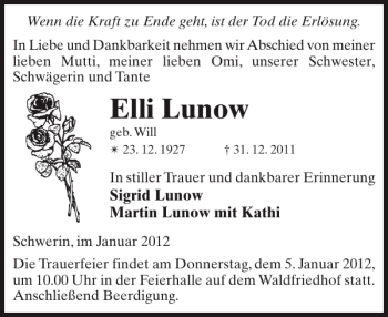 Traueranzeige von Elli Lunow von Zeitung für die Landeshauptstadt