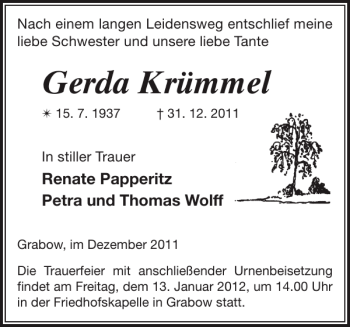 Traueranzeige von Gerda Krümmel von Ludwigsluster Tageblatt